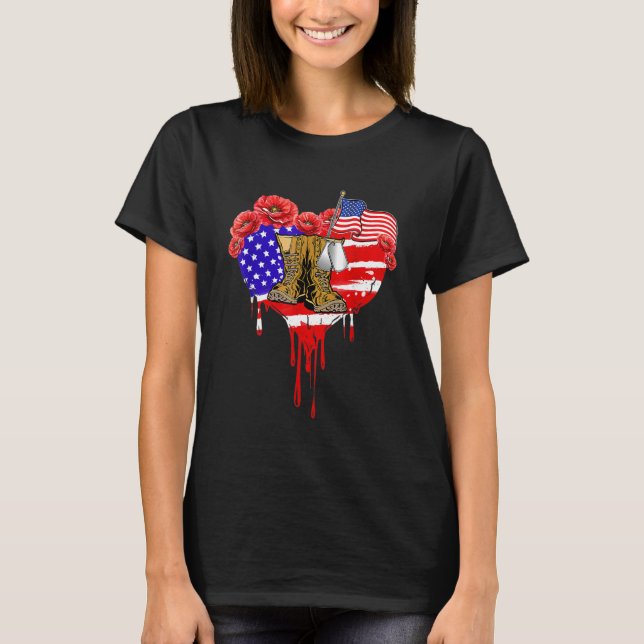 Thank You Veterans Combat Boots Poppy Flower Veter T-Shirt (Front)