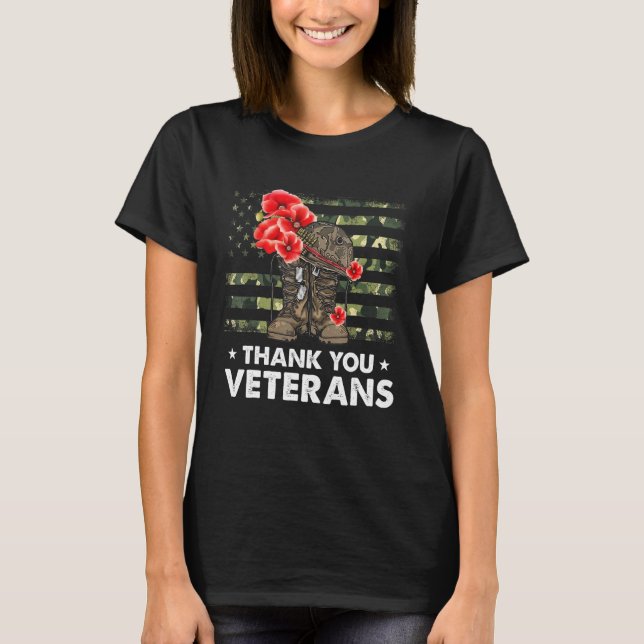 Thank You Veterans Combat Boots Poppy Flower Veter T-Shirt (Front)