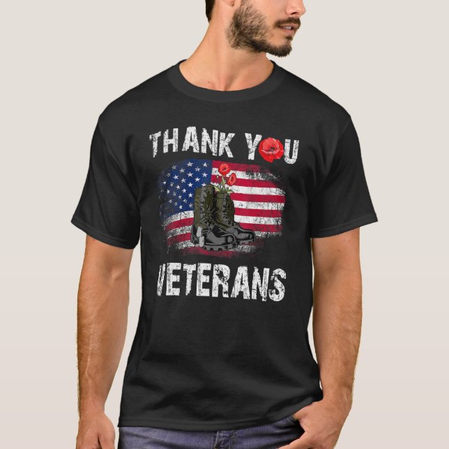 Thank You Veterans Combat Boots Poppy Flowers Memo T-Shirt (Front)