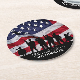 Thank you Veterans - Soldiers silhouette and Flag Round Paper Coaster