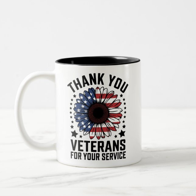 Thank You Veterans Sunflower Military Veterans Day Two-Tone Coffee Mug (Left)