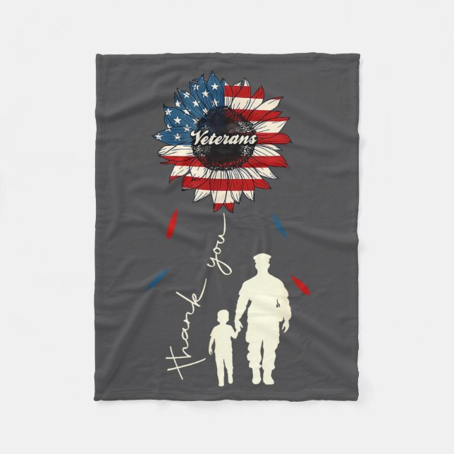 Thank You Veterans Sunflower Usa Flag Military Pat Fleece Blanket (Front)