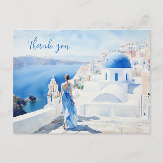 Thank you Watercolor, Blue colour, Santorini, Postcard (Front)