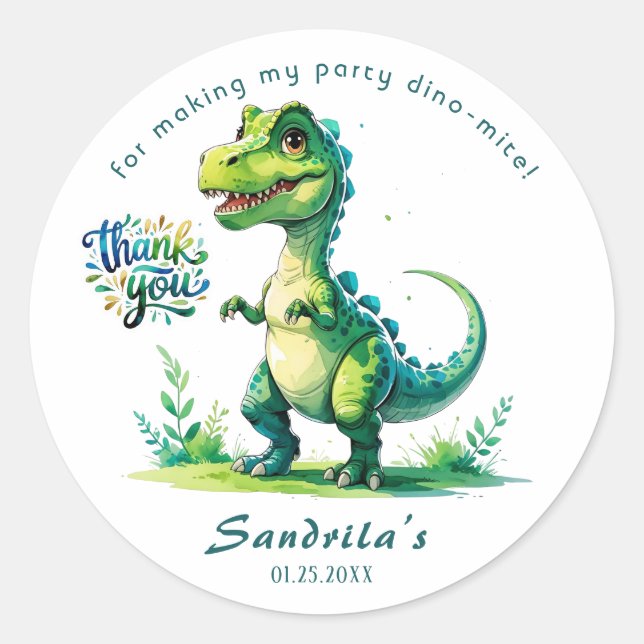 Thank You  Watercolor Dinosaur  Classic Round Sticker (Front)