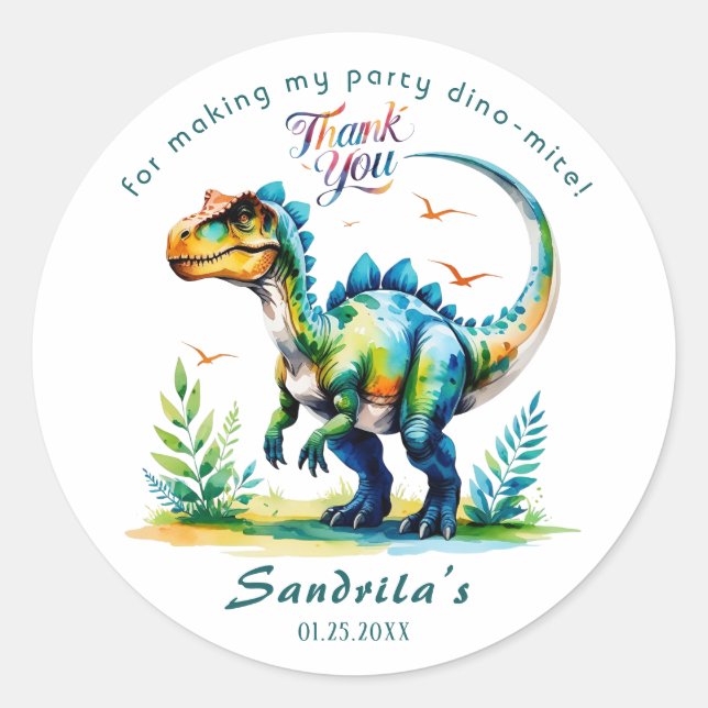 Thank You  Watercolor Dinosaur  Classic Round Sticker (Front)