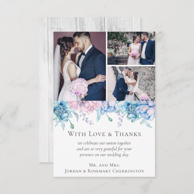 Thank You Watercolor Floral Wedding 3-Photo Card (Front/Back)