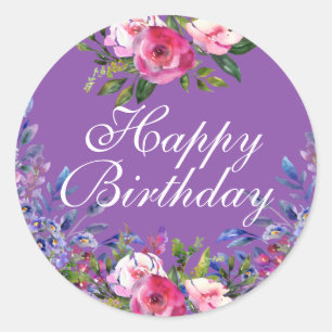 Thank You Watercolor Flowers Purple Round Stickers