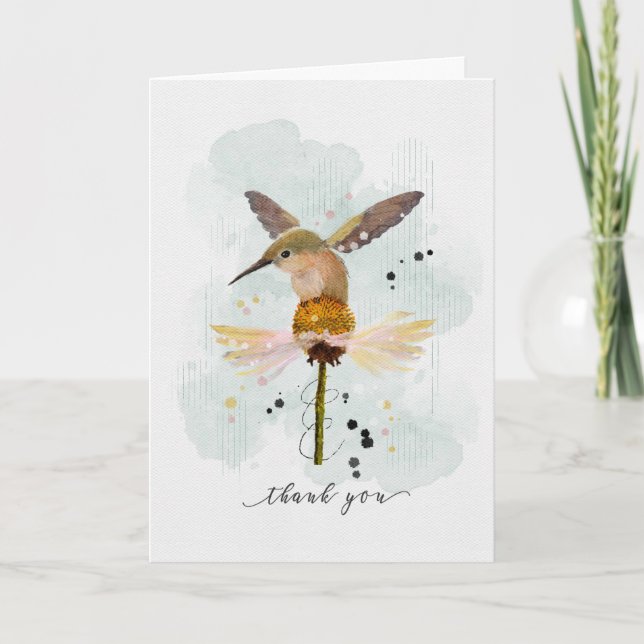 Thank You Watercolor Hummingbird on Flower Card (Front)