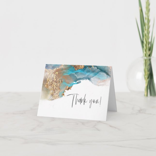 Thank You | Watercolor Ink Aqua Gold Card (Front)