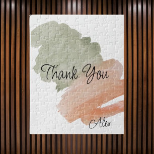 Thank You Watercolor Peach and Green Custom Name Jigsaw Puzzle