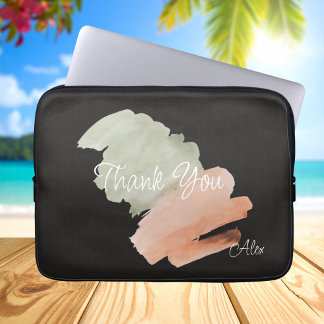Thank You Watercolor Peach and Green Custom Name Laptop Sleeve
