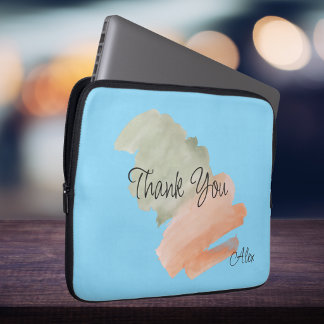 Thank You Watercolor Peach and Green Custom Name Laptop Sleeve