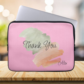 Thank You Watercolor Peach and Green Custom Name Laptop Sleeve
