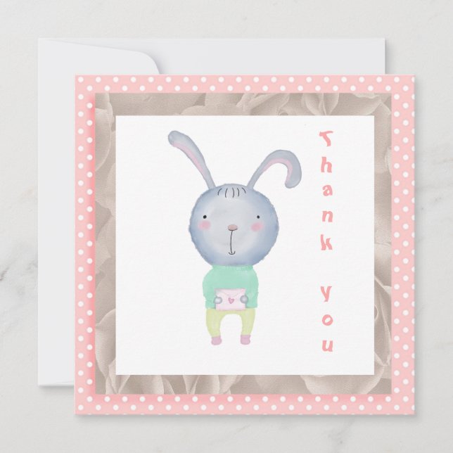 Thank You Watercolor Pink Polka Dot and Rabbit (Front)
