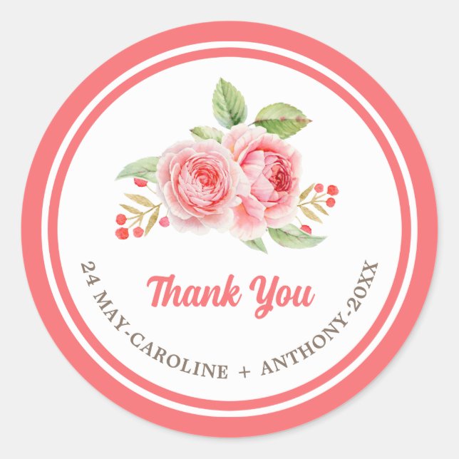 Thank You. Watercolor Roses Wedding Classic Round Sticker (Front)