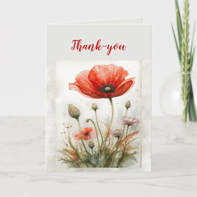 Thank You Watercolor Simple Elegant Red Poppy  (Front)