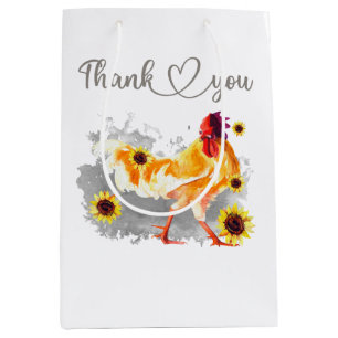 Thank You Watercolor Yellow Rooster with Sunflower Medium Gift Bag