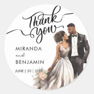Thank You Wedding Black Bride Groom Watercolor Classic Round Sticker
