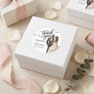 Thank You Wedding Black Bride Groom Watercolor Classic Round Sticker