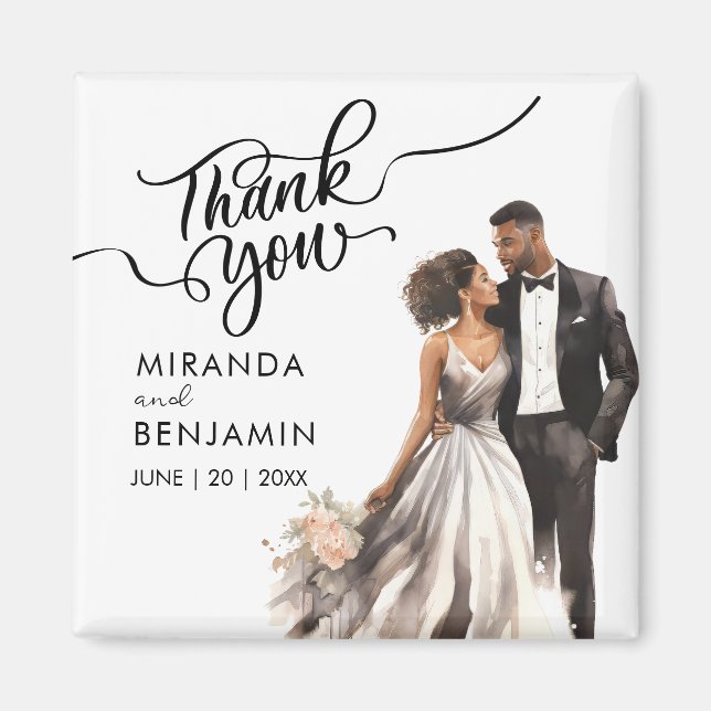 Thank You Wedding Black Bride Groom Watercolor Magnet (Front)