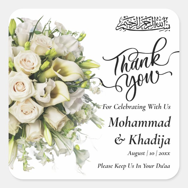 Thank You Wedding Bouquet Flower Nikah Walima Square Sticker (Front)