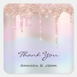 Thank You Wedding Bridal Rose Glitter Holograph Square Sticker