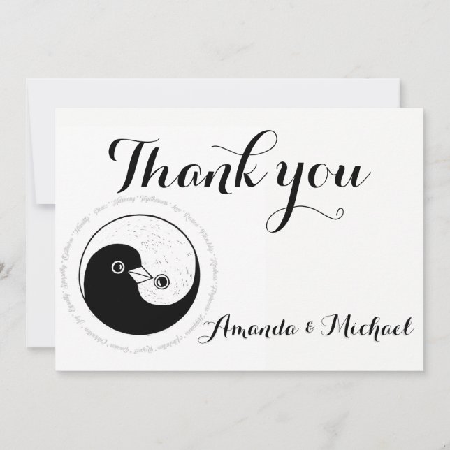 THANK YOU WEDDING CARD b/w YinYang doves Harmony (Front)