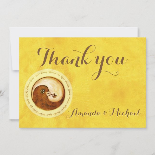THANK YOU WEDDING CARD Gold YinYang doves Harmony (Front)