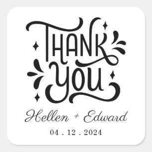 Thank You Wedding Couple Names Minimal Black White Square Sticker