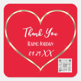 Thank You Wedding Favour QR CODE Red Golden Heart  Square Sticker