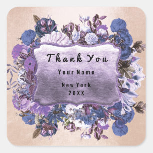 Thank You Wedding Frame Rose Floral Frame Purple Square Sticker