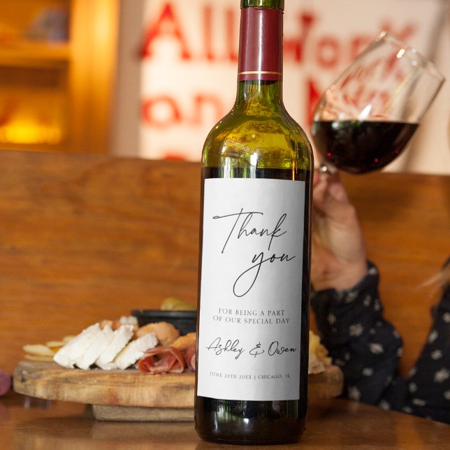 Thank You Wedding Modern Black Script White Wine Label (Creator Uploaded)