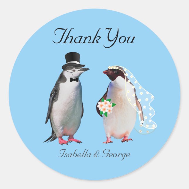 Thank You Wedding & Penguin Couple Classic Round S Sticker (Front)