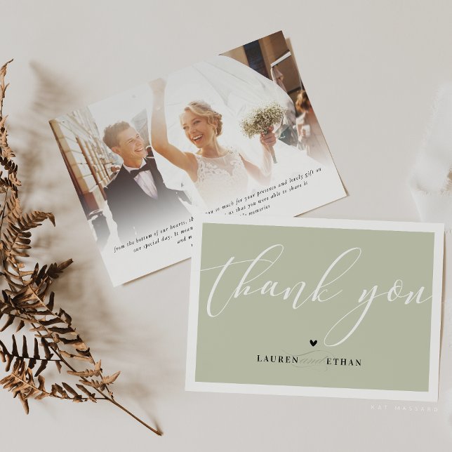 THANK YOU wedding photo elegant black sage green Invitation (Creator Uploaded)