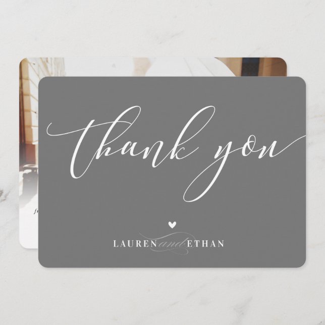 THANK YOU wedding photo elegant calligraphy grey Invitation (Front/Back)