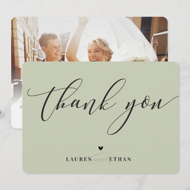 THANK YOU wedding photo elegant matcha sage green Invitation (Front/Back)