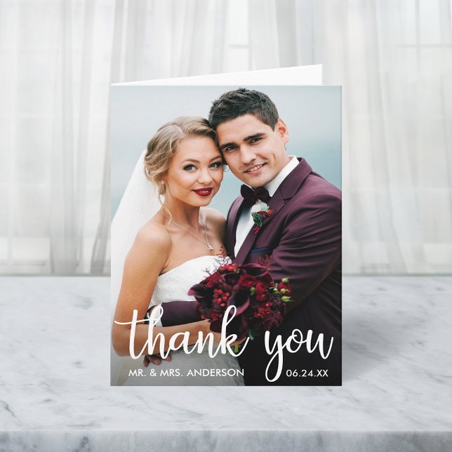 Thank You Wedding Photo Modern Script Note Card (Customize to add text or more photos inside of card.)