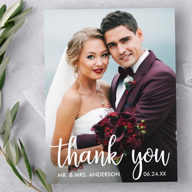 Thank You Wedding Photo Modern Script Postcard (Customize to change your personalized text size or text style.)