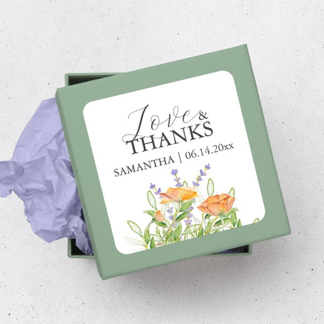 Thank You Wedding Stickers Watercolor Wildflowers (Wedding stickers thank you elegant wildflower watercolor art and design by Victoria Grigaliunas)
