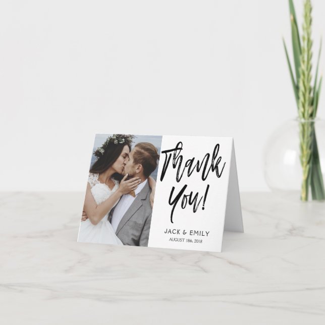 Thank You Wedding White & Black Script Photo Card (Front)