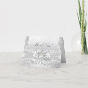 Thank You Wedding White Pearl Lace Damask Diamond. Card