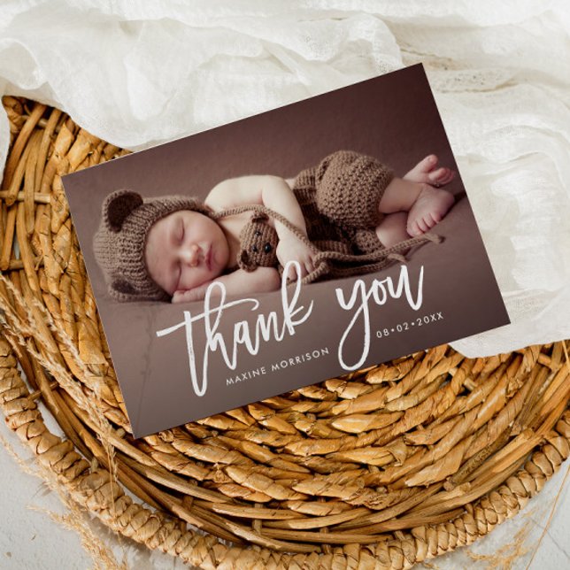 THANK YOU | white brush birth announcement Postcard (Creator Uploaded)