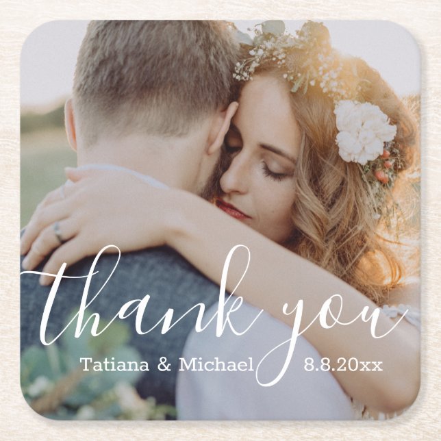thank you, white calligraphy wedding photo  square paper coaster (Front)