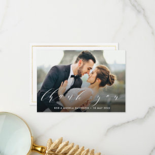 THANK YOU white lettering wedding photo Card