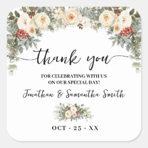 Thank You White Winter Flowers Wedding Square Sticker