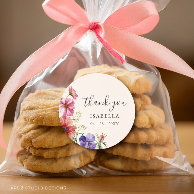 Thank You Wildflower Watercolor Bridal Shower  Classic Round Sticker (Stickers come in 3 and 1.5 inches. Choose size before checkout.)