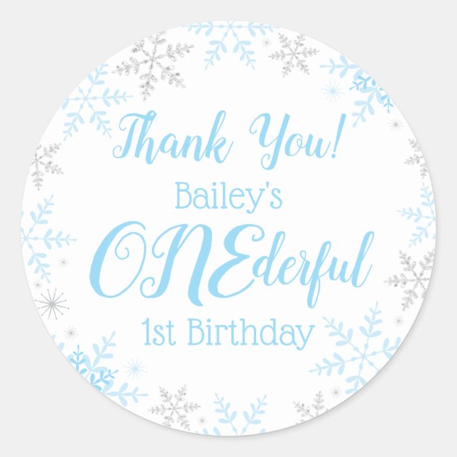 Thank You Winter ONEderland Blue Silver Snowflakes Classic Round Sticker (Front)