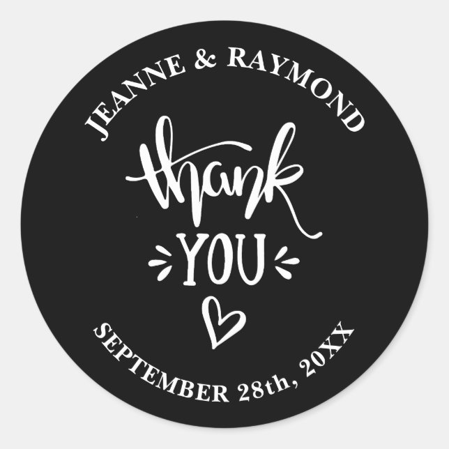 Thank You with Love Black and White Wedding Favour Classic Round Sticker (Front)