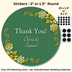 Thank You! with Names, Emerald Green & Gold Classic Round Sticker