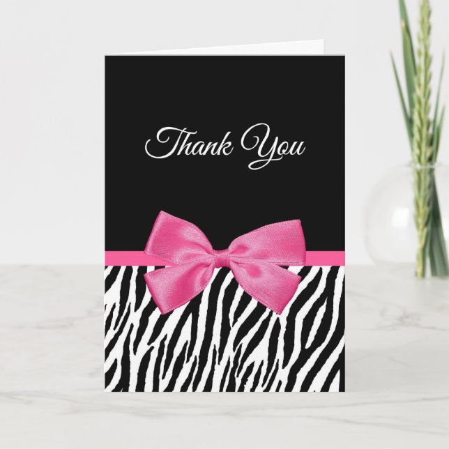Thank You With Trendy Zebra Print and Pink Ribbon Card (Front)